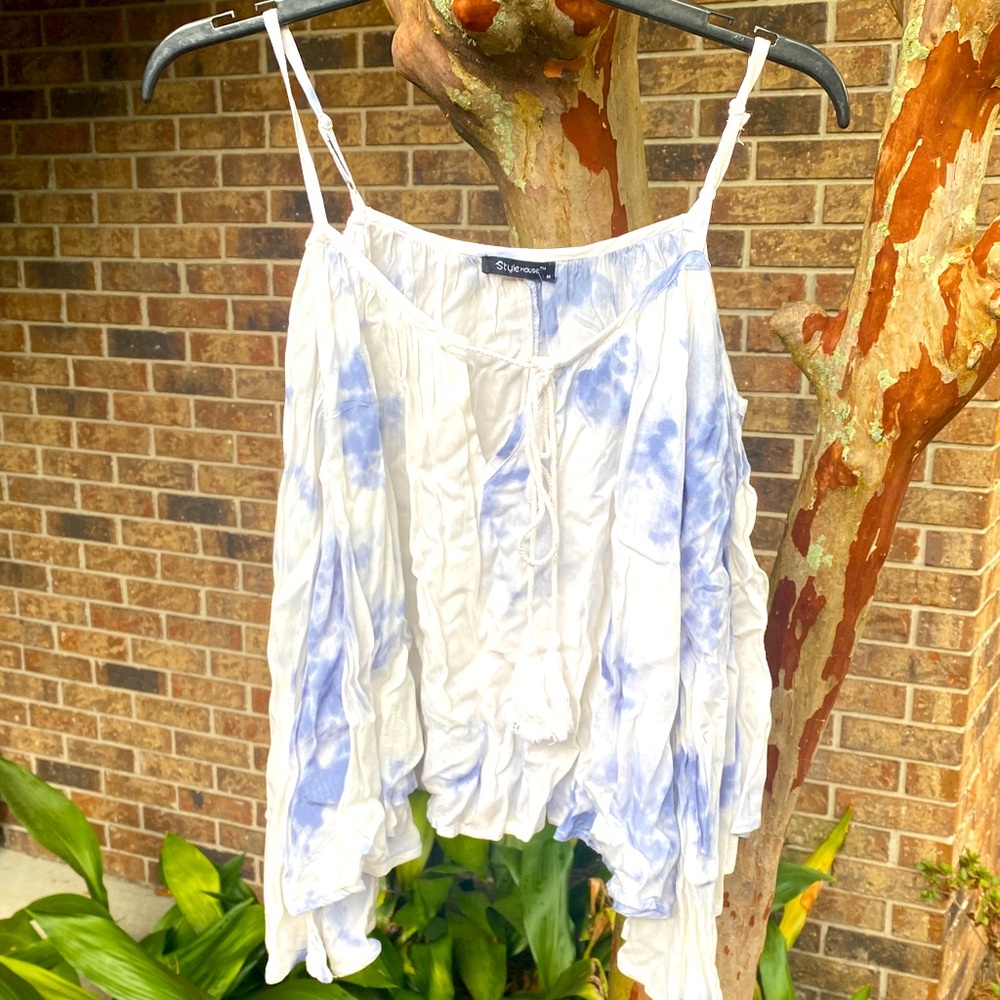 White & Light Blue Tie-Dye Spaghetti Strap top